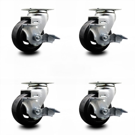 Service Caster 4 Inch Rubber on Cast Iron Swivel Caster Set with Roller Bearings and Brakes SCC-20S420-RSR-TLB-4